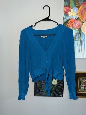 American Eagle Outfitters Teal Button-Tie V-Neck Blouse